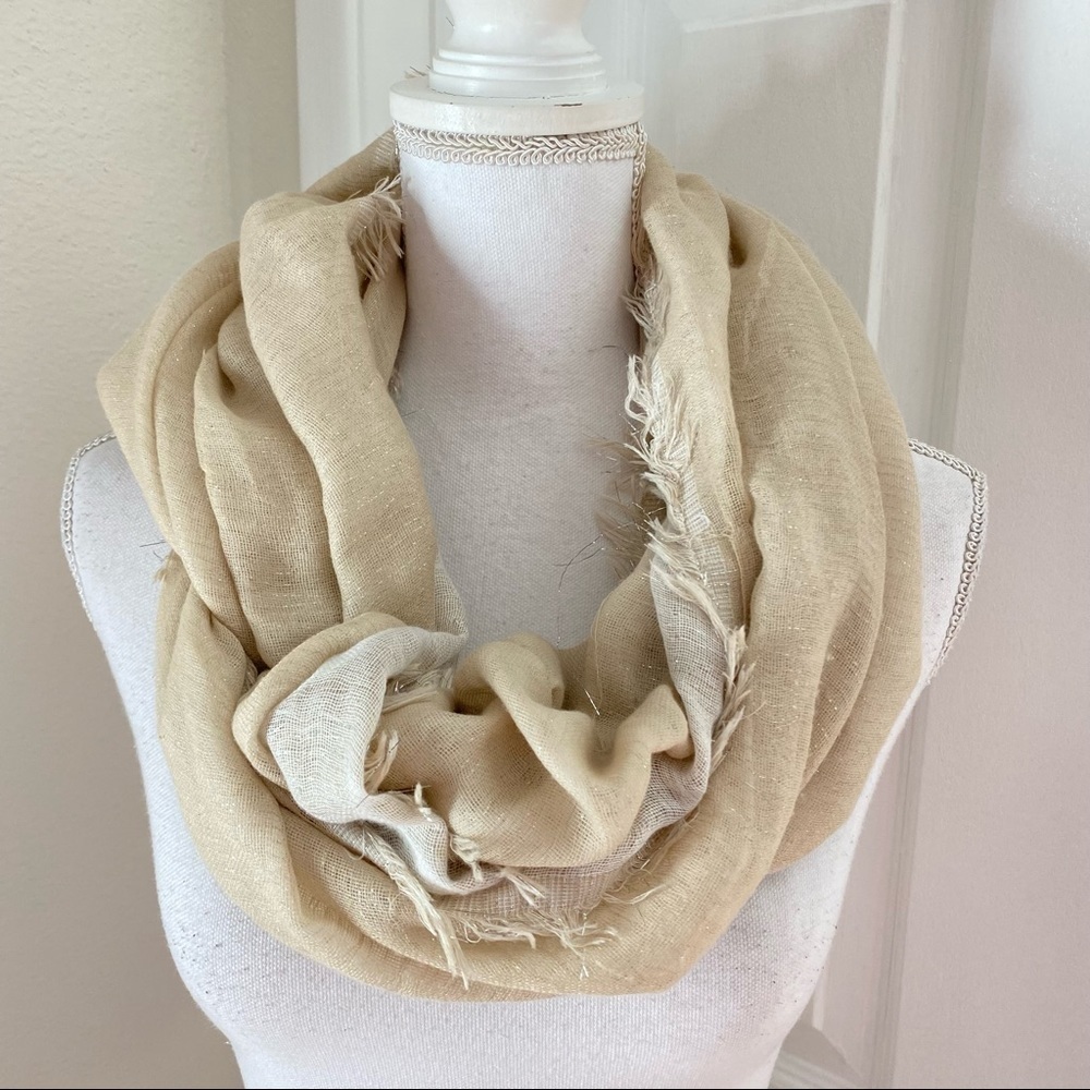 Staring at Stars Gauzy Beige Metallic Thread Raw Edge Infinity Scarf 28”x36”